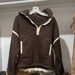 Brown Sherpa Pullover with Cream Accents